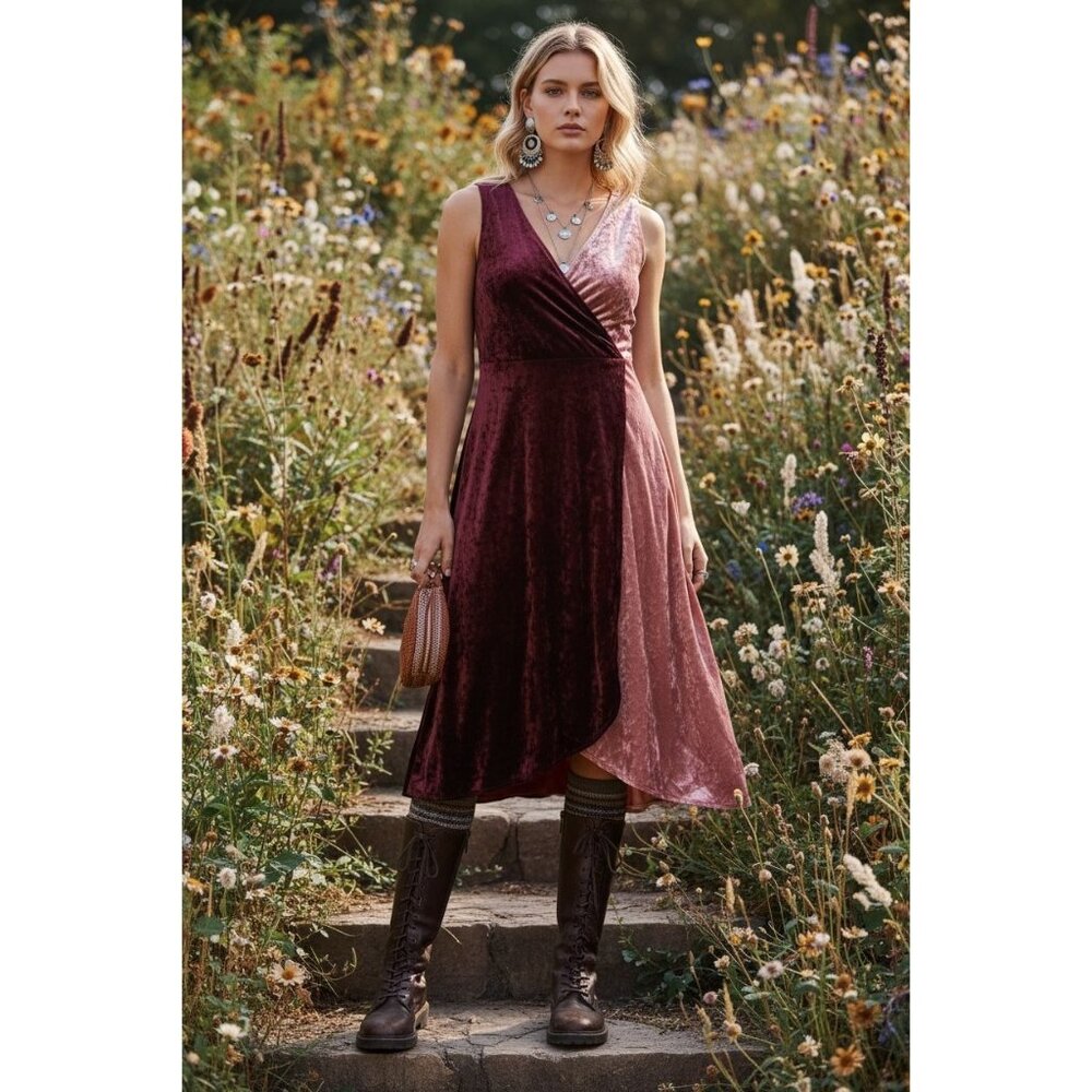 New York & Co Y2K Crushed Velvet Dress 8 Pink Colorblock Whimsigoth Fairy